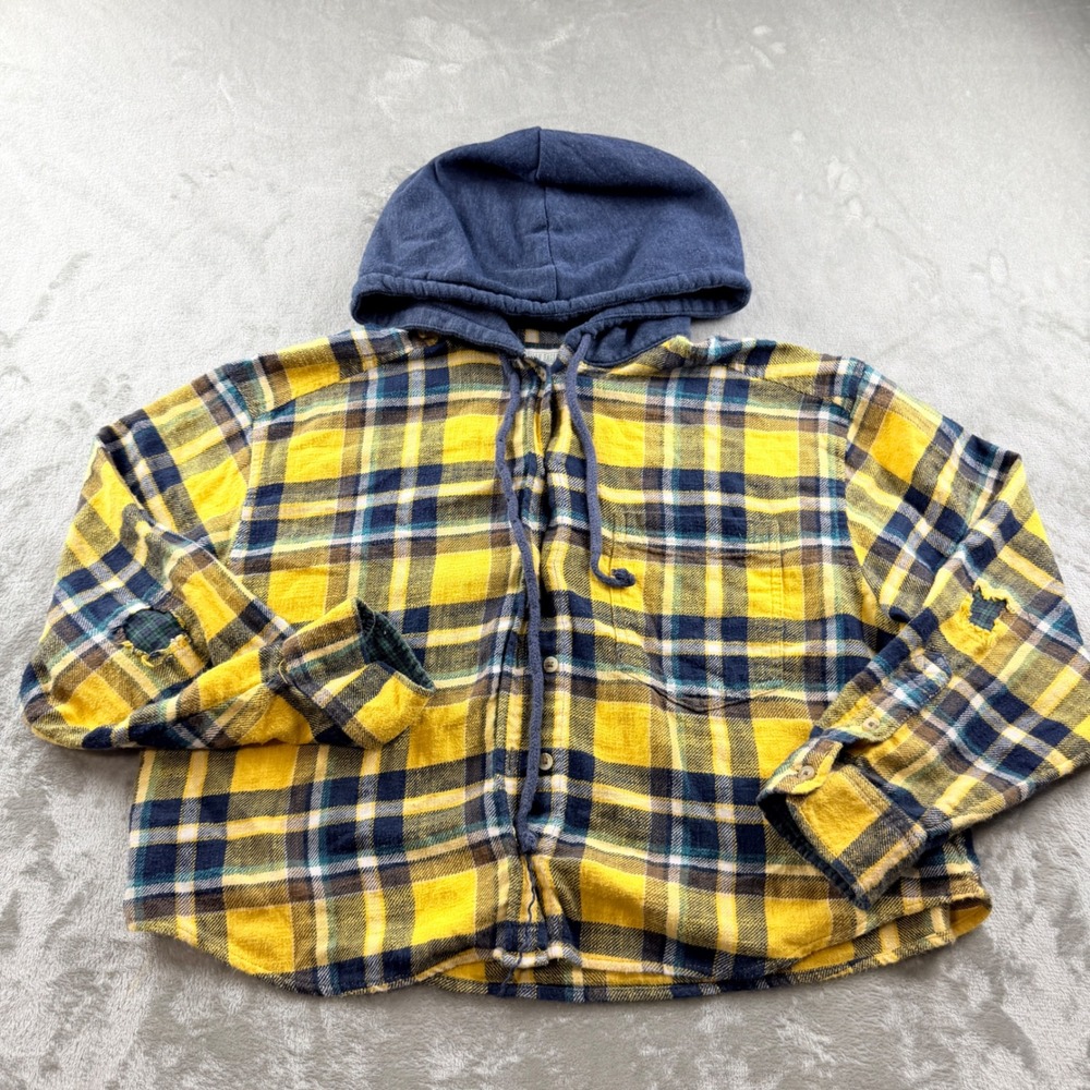 American Eagle Outfitters Women's Large Yellow Blue Plaid Hooded Flannel Shirt
